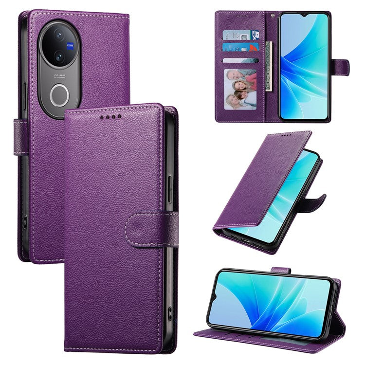 For vivo V50 5G Stand Case Litchi Texture Leather Wallet Phone Cover Magnetic Snap - Purple