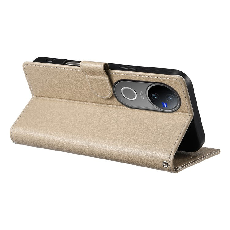 For vivo V50 5G Stand Case Litchi Texture Leather Wallet Phone Cover Magnetic Snap - Apricot