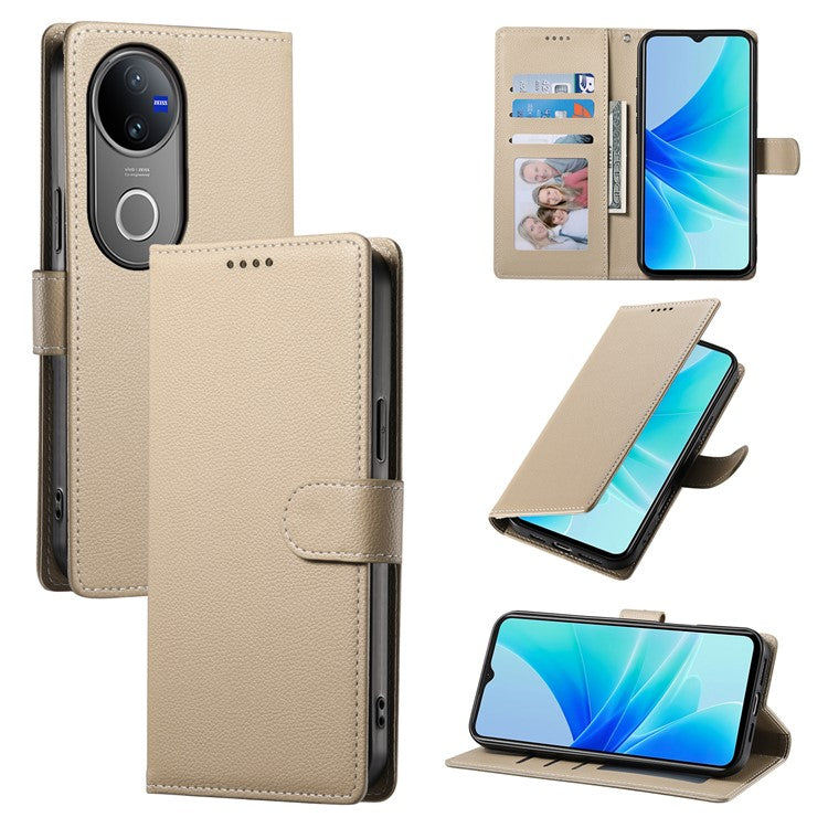 For vivo V50 5G Stand Case Litchi Texture Leather Wallet Phone Cover Magnetic Snap - Apricot