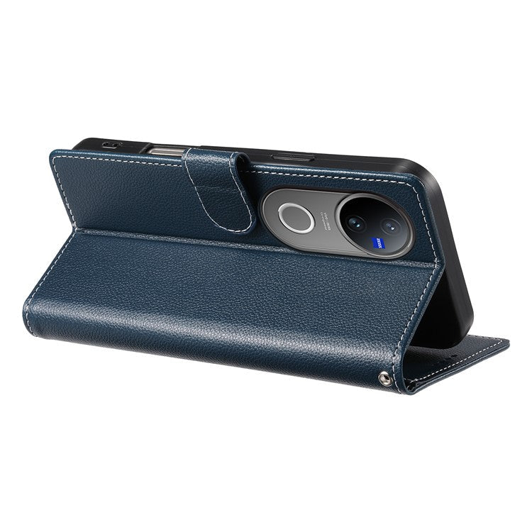 For vivo V50 5G Stand Case Litchi Texture Leather Wallet Phone Cover Magnetic Snap - Dark Blue