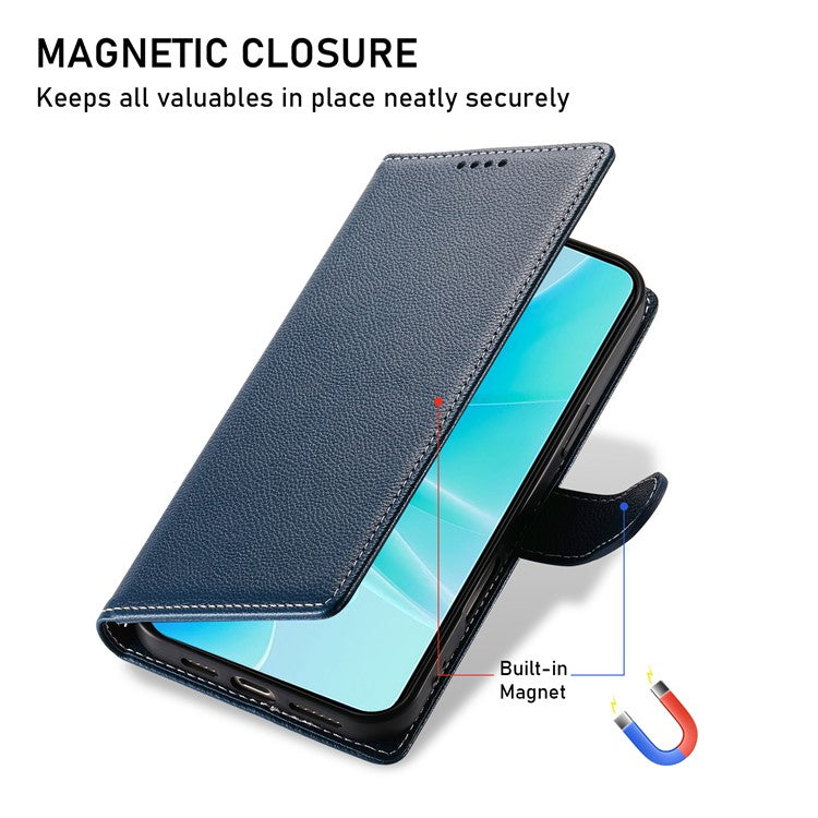 For vivo V50 5G Stand Case Litchi Texture Leather Wallet Phone Cover Magnetic Snap - Dark Blue