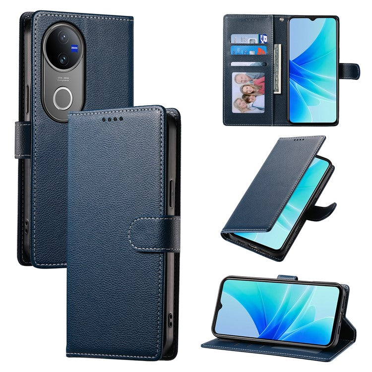 For vivo V50 5G Stand Case Litchi Texture Leather Wallet Phone Cover Magnetic Snap - Dark Blue
