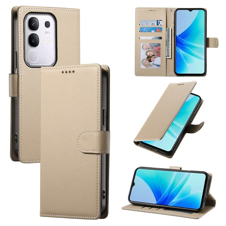 For vivo Y29 4G Stand Case Litchi Texture Leather Wallet Phone Cover Magnetic Snap - Apricot