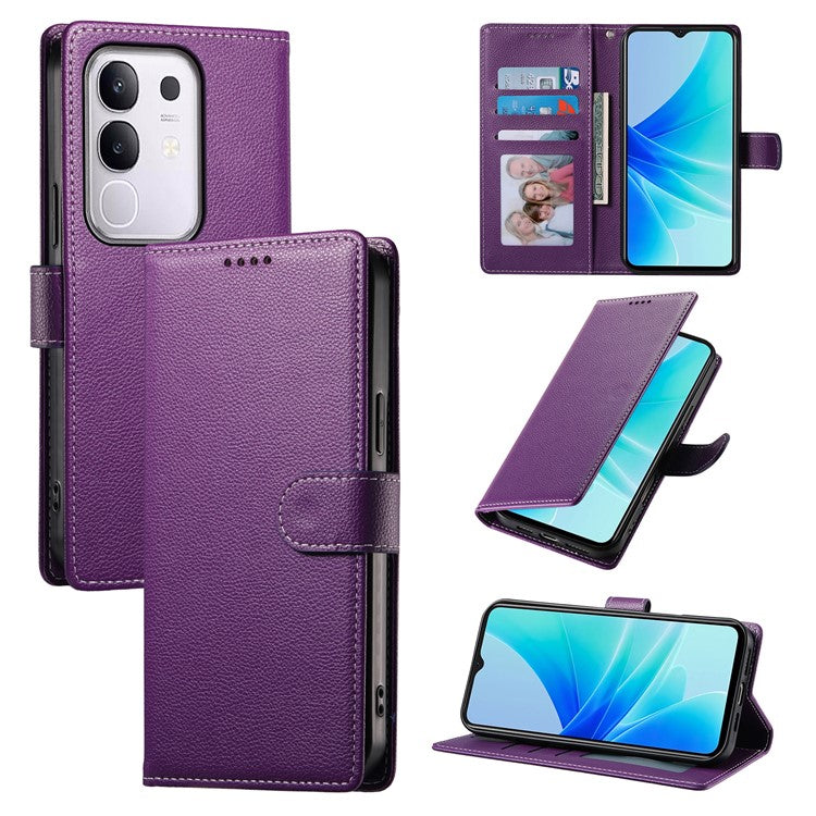For vivo Y29 4G Stand Case Litchi Texture Leather Wallet Phone Cover Magnetic Snap - Purple
