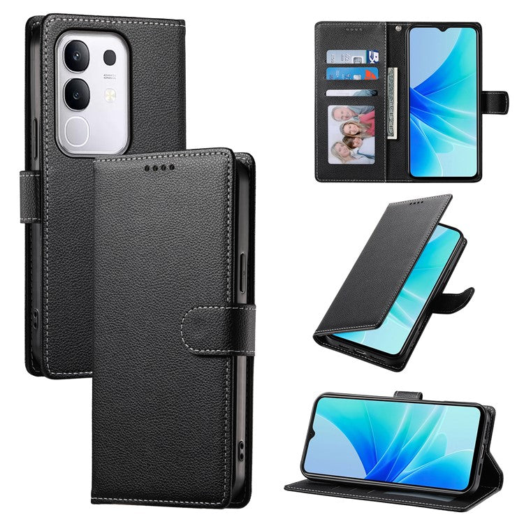 For vivo Y29 4G Stand Case Litchi Texture Leather Wallet Phone Cover Magnetic Snap - Black