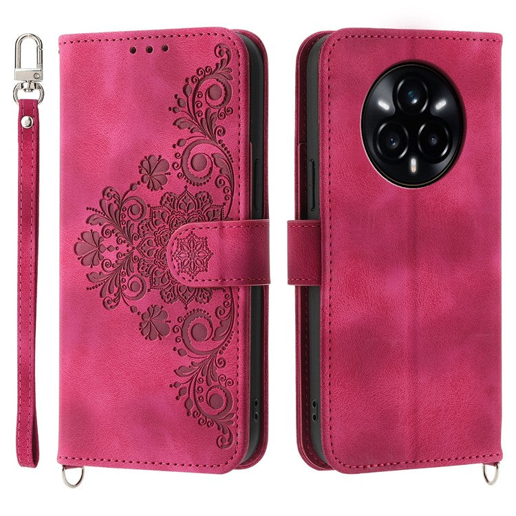 For Realme 14 Pro+ 5G Case Flower Pattern PU Leather Wallet Phone Cover with Strap - Wine Red