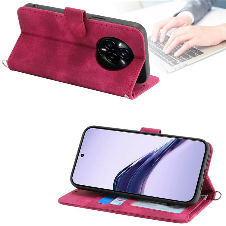 For Realme 14 Pro+ 5G Case Flower Pattern PU Leather Wallet Phone Cover with Strap - Wine Red