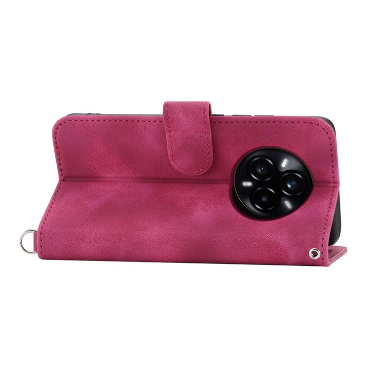 For Realme 14 Pro+ 5G Case Flower Pattern PU Leather Wallet Phone Cover with Strap - Wine Red