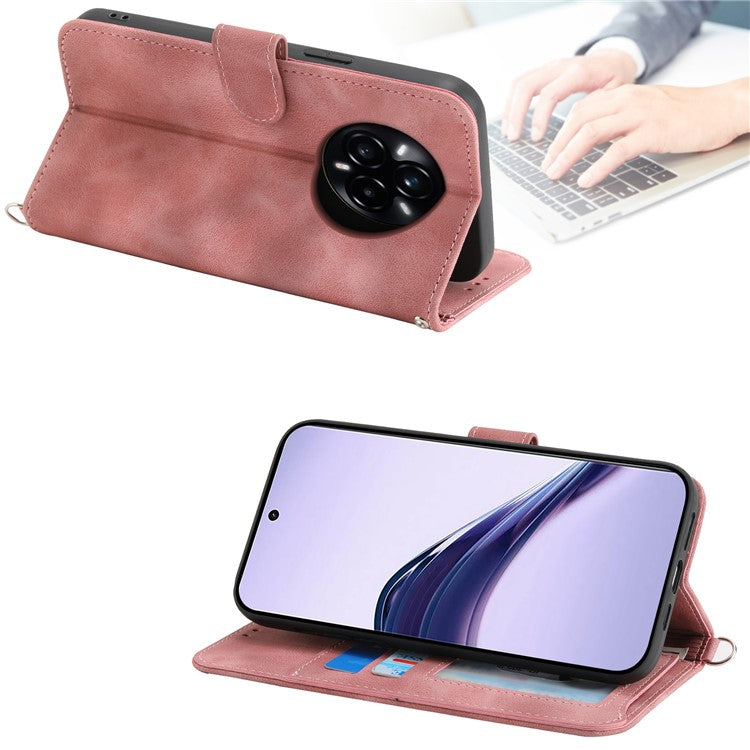 For Realme 14 Pro+ 5G Case Flower Pattern PU Leather Wallet Phone Cover with Strap - Pink