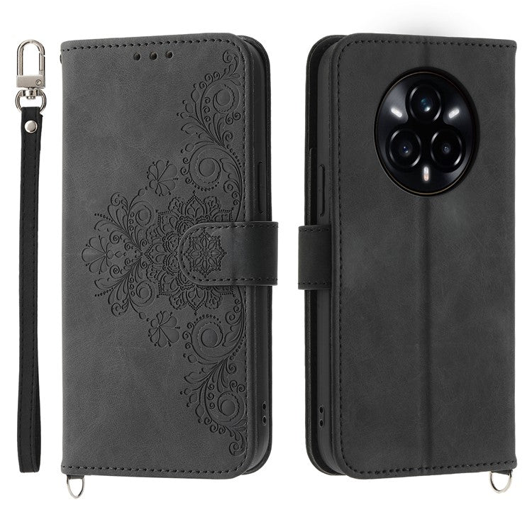 For Realme 14 Pro+ 5G Case Flower Pattern PU Leather Wallet Phone Cover with Strap - Black