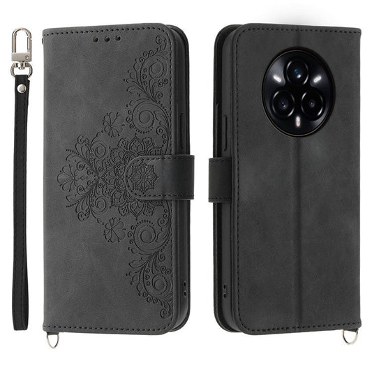 For Realme 14 Pro+ 5G Case Flower Pattern PU Leather Wallet Phone Cover with Strap - Black