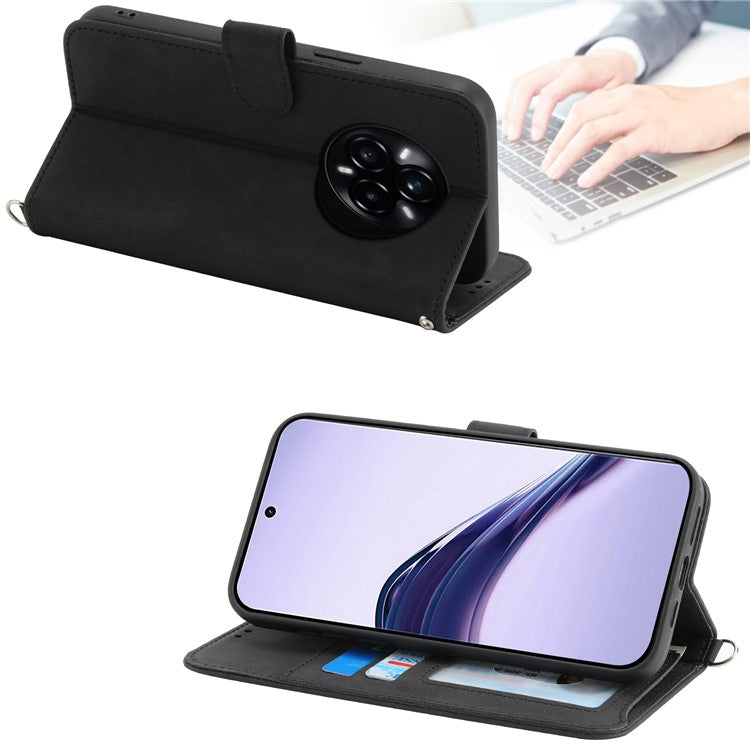 For Realme 14 Pro+ 5G Case Flower Pattern PU Leather Wallet Phone Cover with Strap - Black