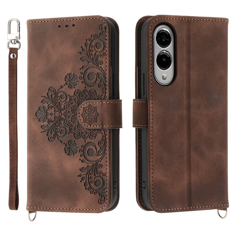 For Samsung Galaxy S25 Edge Case Flower Pattern PU Leather Wallet Phone Cover with Strap - Brown