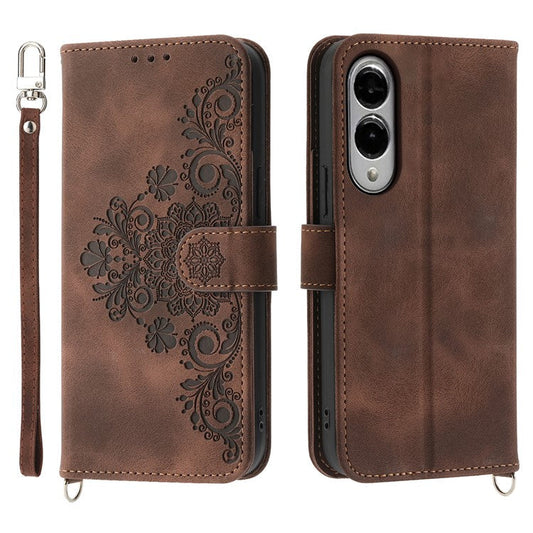 For Samsung Galaxy S25 Edge Case Flower Pattern PU Leather Wallet Phone Cover with Strap - Brown
