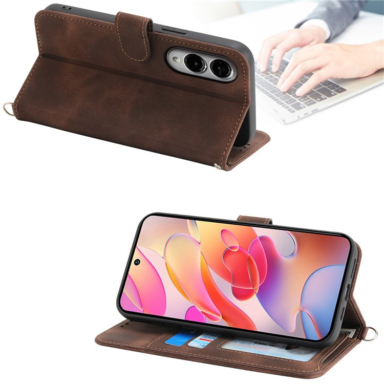 For Samsung Galaxy S25 Edge Case Flower Pattern PU Leather Wallet Phone Cover with Strap - Brown