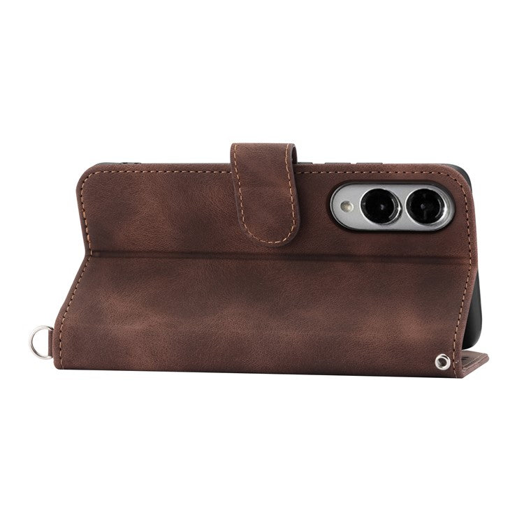 For Samsung Galaxy S25 Edge Case Flower Pattern PU Leather Wallet Phone Cover with Strap - Brown