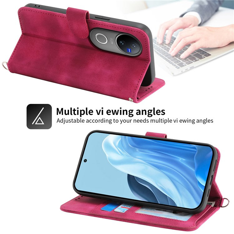 For vivo V50 5G Case Flower Pattern PU Leather Wallet Phone Cover with Strap - Wine Red