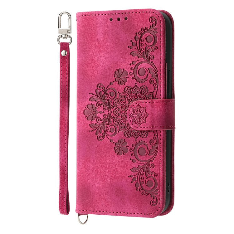 For vivo V50 5G Case Flower Pattern PU Leather Wallet Phone Cover with Strap - Wine Red