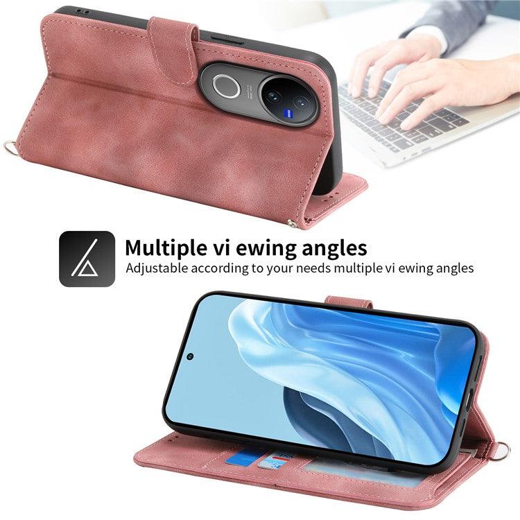 For vivo V50 5G Case Flower Pattern PU Leather Wallet Phone Cover with Strap - Pink