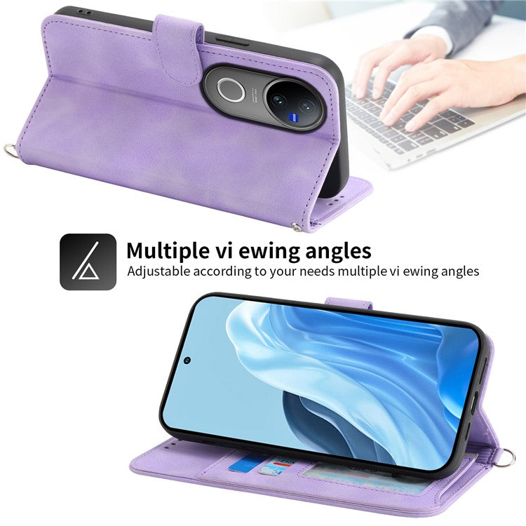 For vivo V50 5G Case Flower Pattern PU Leather Wallet Phone Cover with Strap - Light Purple