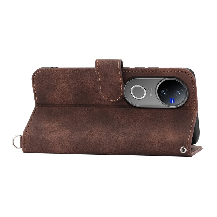 For vivo V50 5G Case Flower Pattern PU Leather Wallet Phone Cover with Strap - Brown