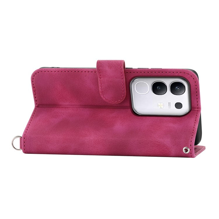 For vivo Y29 4G Case Flower Pattern PU Leather Wallet Phone Cover with Strap - Wine Red