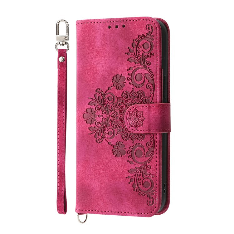 For vivo Y29 4G Case Flower Pattern PU Leather Wallet Phone Cover with Strap - Wine Red