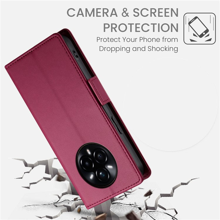 For Realme 14 Pro+ 5G Stand Case PU Leather Wallet Phone Cover - Wine Red