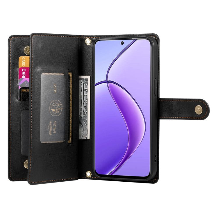 DF-011 For Realme 14 Pro+ 5G Case Zipper Pocket Wallet Leather Phone Cover with Straps - Black