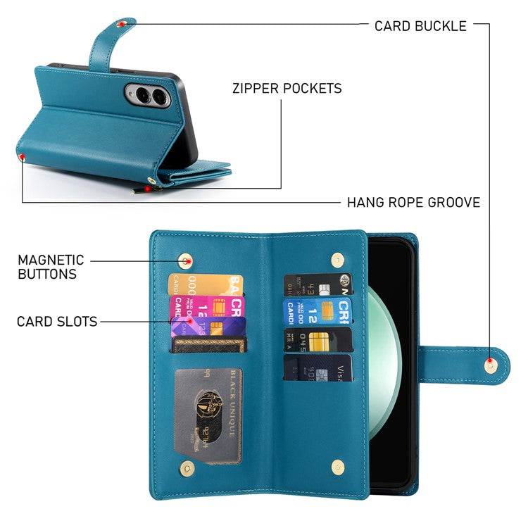 DF-011 For Samsung Galaxy S25 Edge Case Zipper Pocket Wallet Leather Phone Cover with Straps - Blue