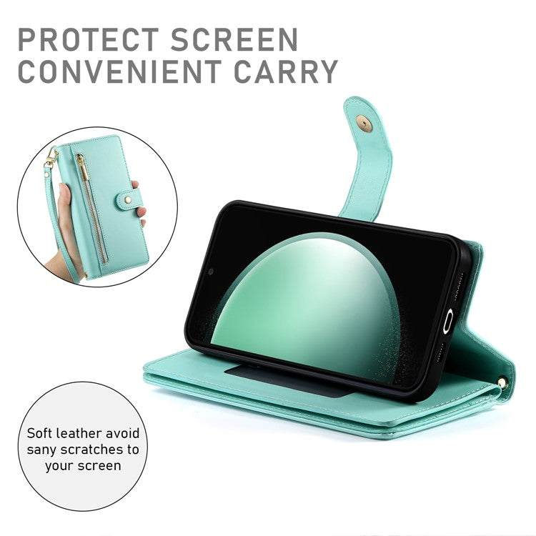 DF-011 For Samsung Galaxy S25 Edge Case Zipper Pocket Wallet Leather Phone Cover with Straps - Mint Green