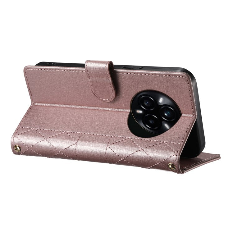 For Realme 14 Pro 5G Case Rhombus Stitching Wallet Stand Leather Phone Cover with Long  /  Short Strap - Rose Gold