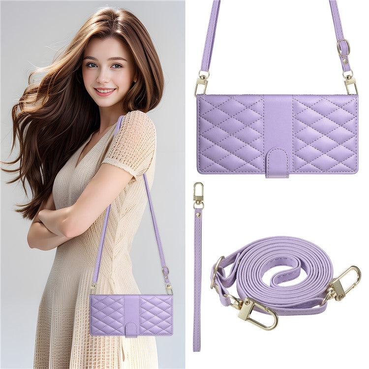 For Samsung Galaxy S25 Edge Case Rhombus Stitching Wallet Stand Leather Phone Cover with Long / Short Strap - Purple