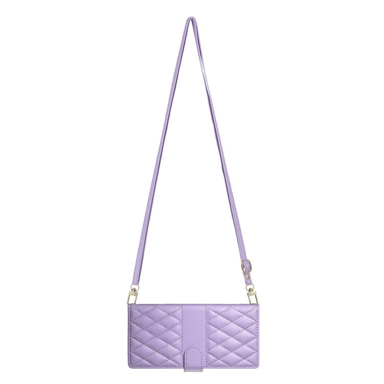 For Samsung Galaxy S25 Edge Case Rhombus Stitching Wallet Stand Leather Phone Cover with Long / Short Strap - Purple