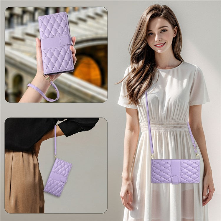 For Samsung Galaxy S25 Edge Case Rhombus Stitching Wallet Stand Leather Phone Cover with Long / Short Strap - Purple
