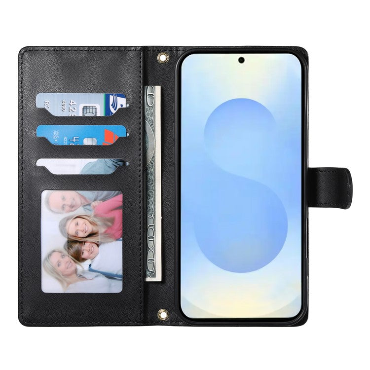 For Samsung Galaxy S25 Edge Case Rhombus Stitching Wallet Stand Leather Phone Cover with Long / Short Strap - Black
