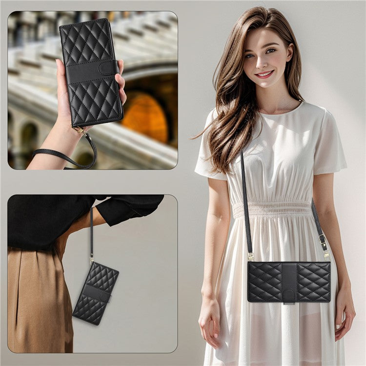 For Samsung Galaxy S25 Edge Case Rhombus Stitching Wallet Stand Leather Phone Cover with Long / Short Strap - Black