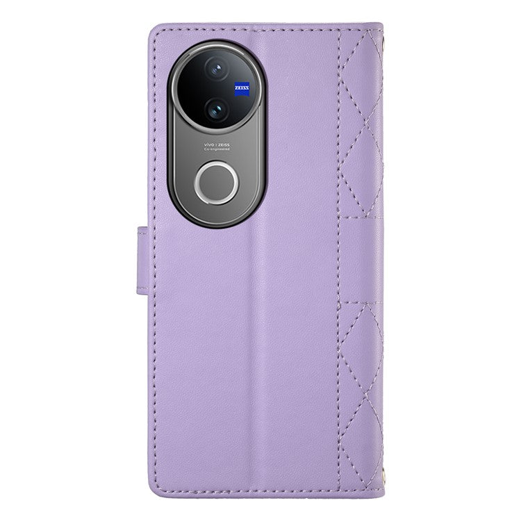 For vivo V50 5G Case Rhombus Stitching Wallet Stand Leather Phone Cover with Long  /  Short Strap - Purple