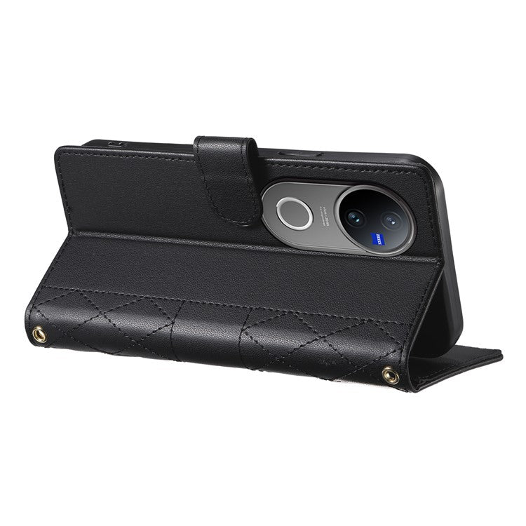 For vivo V50 5G Case Rhombus Stitching Wallet Stand Leather Phone Cover with Long  /  Short Strap - Black