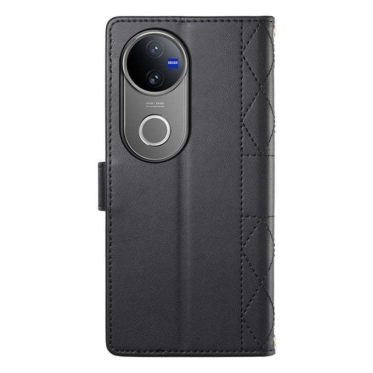 For vivo V50 5G Case Rhombus Stitching Wallet Stand Leather Phone Cover with Long  /  Short Strap - Black
