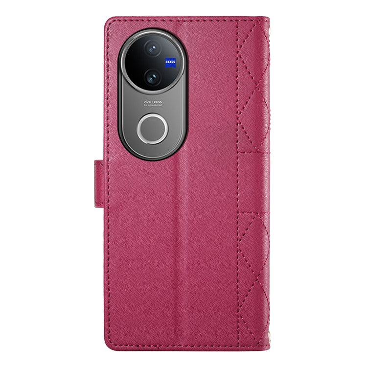 For vivo V50 5G Case Rhombus Stitching Wallet Stand Leather Phone Cover with Long  /  Short Strap - Red