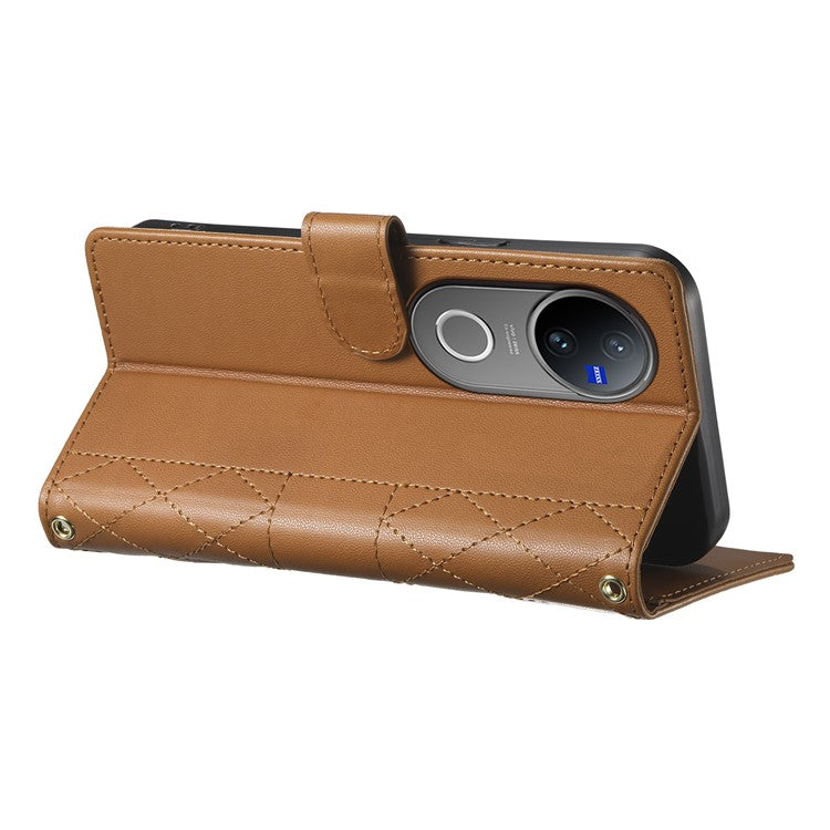 For vivo V50 5G Case Rhombus Stitching Wallet Stand Leather Phone Cover with Long  /  Short Strap - Brown