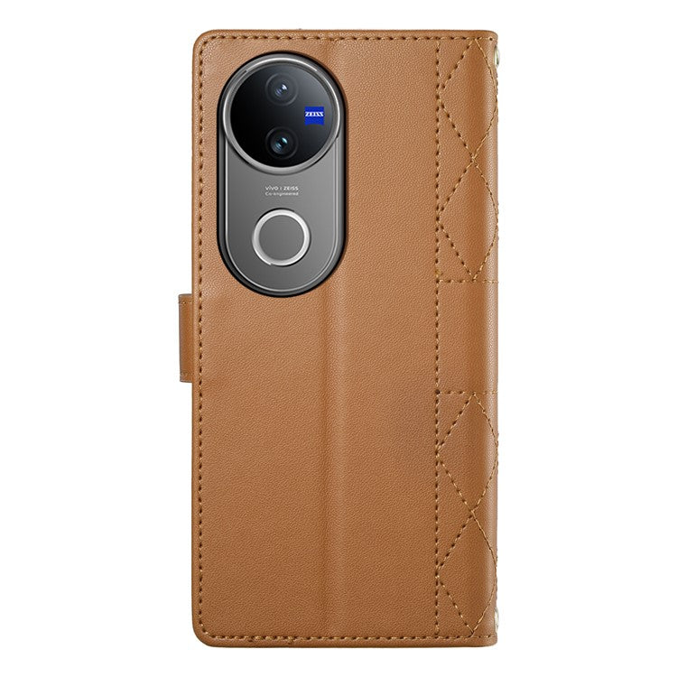 For vivo V50 5G Case Rhombus Stitching Wallet Stand Leather Phone Cover with Long  /  Short Strap - Brown
