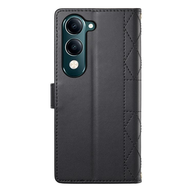 For vivo Y04 4G  /  Y29s 5G Case Rhombus Stitching Wallet Stand Leather Phone Cover with Long  /  Short Strap - Black