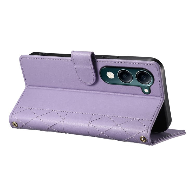 For vivo Y04 4G  /  Y29s 5G Case Rhombus Stitching Wallet Stand Leather Phone Cover with Long  /  Short Strap - Purple