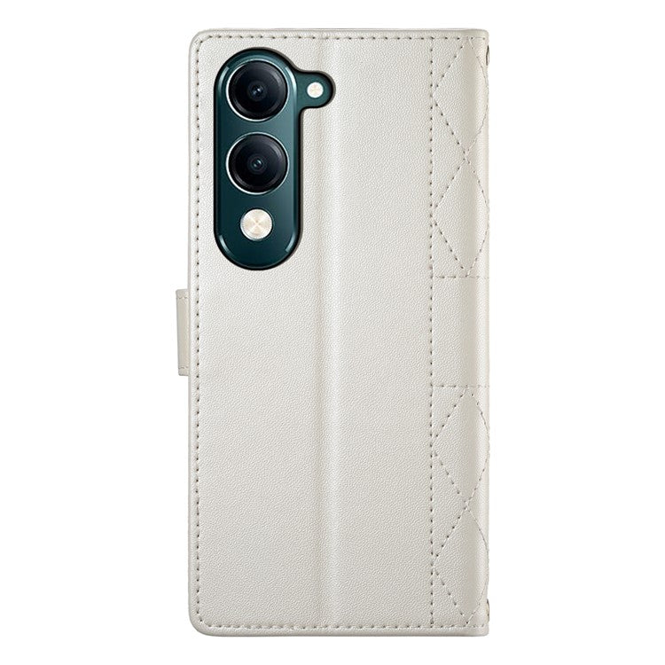 For vivo Y04 4G  /  Y29s 5G Case Rhombus Stitching Wallet Stand Leather Phone Cover with Long  /  Short Strap - Beige