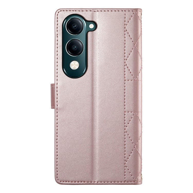 For vivo Y04 4G  /  Y29s 5G Case Rhombus Stitching Wallet Stand Leather Phone Cover with Long  /  Short Strap - Rose Gold