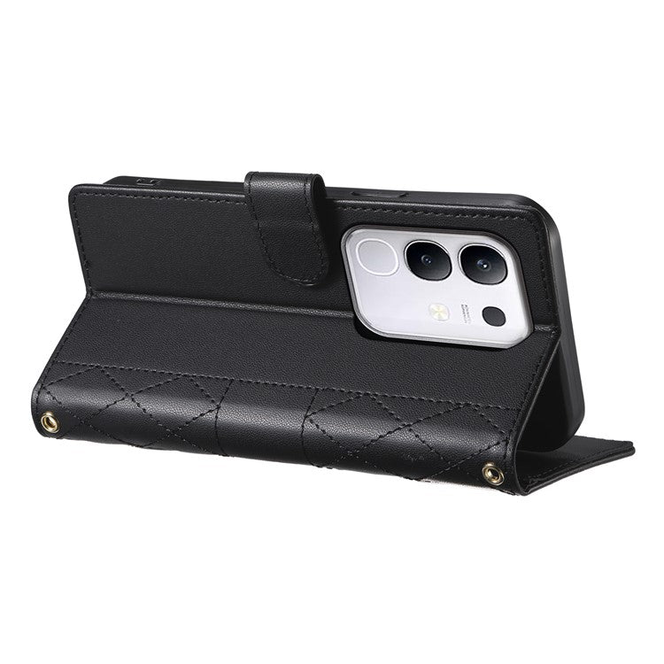 For vivo Y29 4G Case Rhombus Stitching Wallet Stand Leather Phone Cover with Long  /  Short Strap - Black