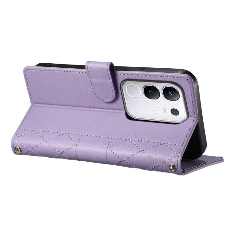 For vivo Y29 4G Case Rhombus Stitching Wallet Stand Leather Phone Cover with Long  /  Short Strap - Purple