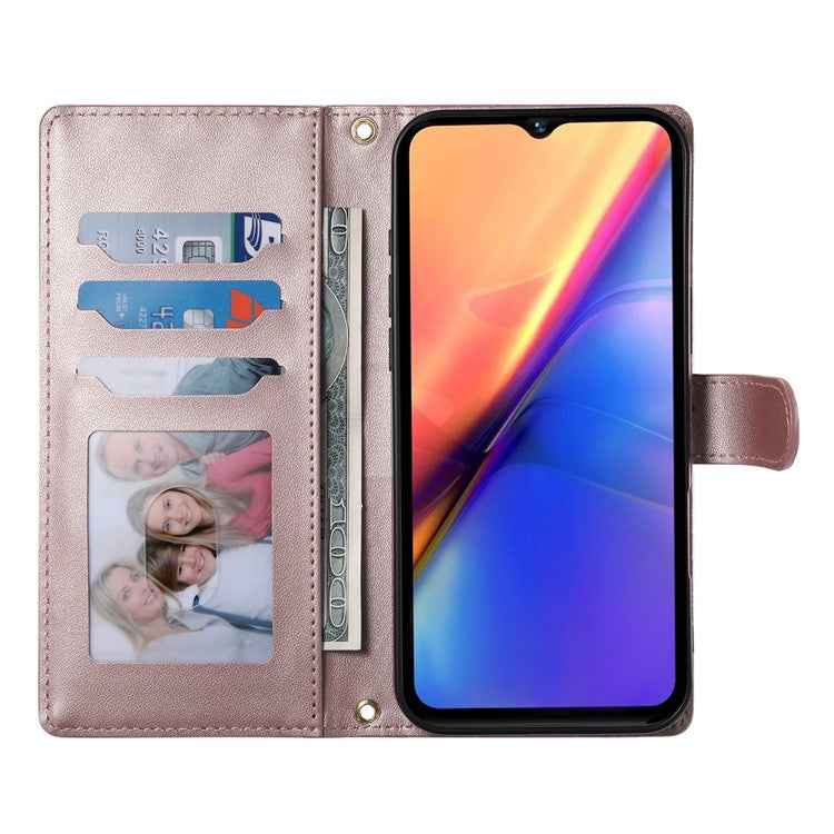 For vivo Y29 4G Case Rhombus Stitching Wallet Stand Leather Phone Cover with Long  /  Short Strap - Rose Gold